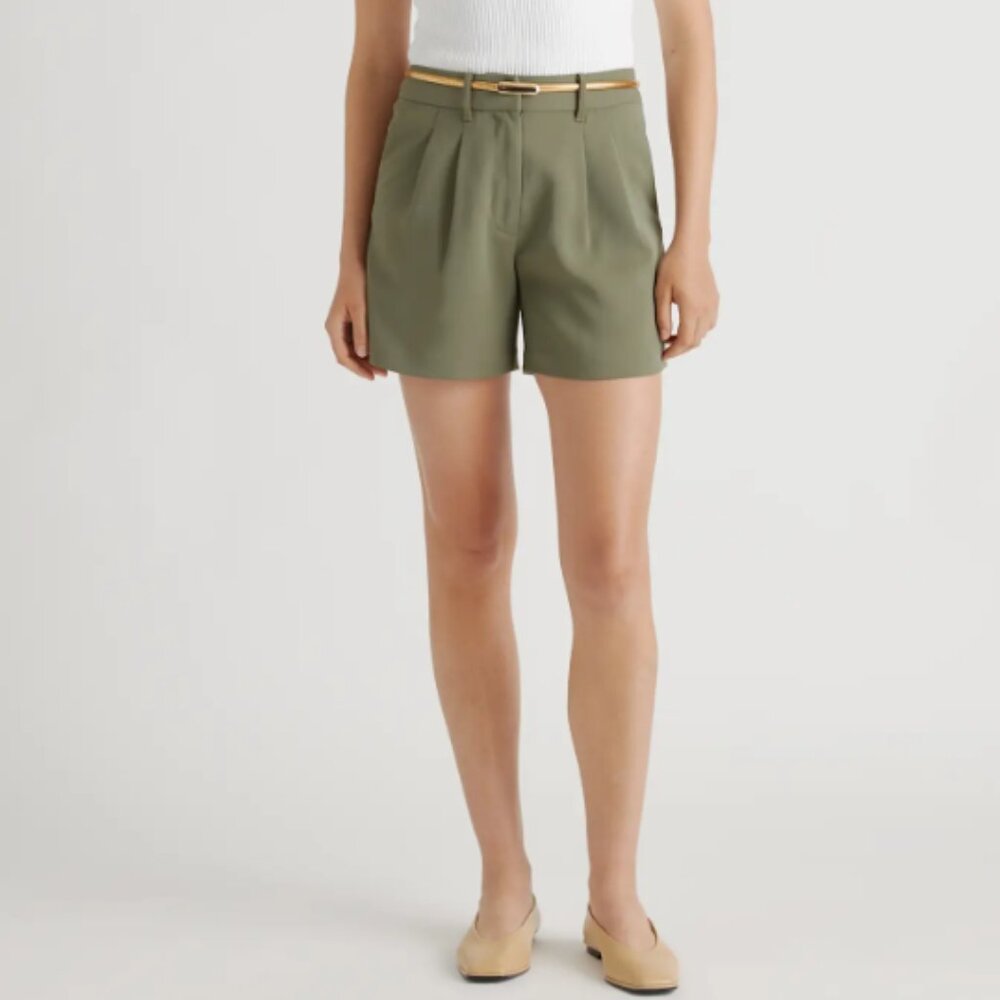 Quince High-Waist Pleated Shorts in Olive Green